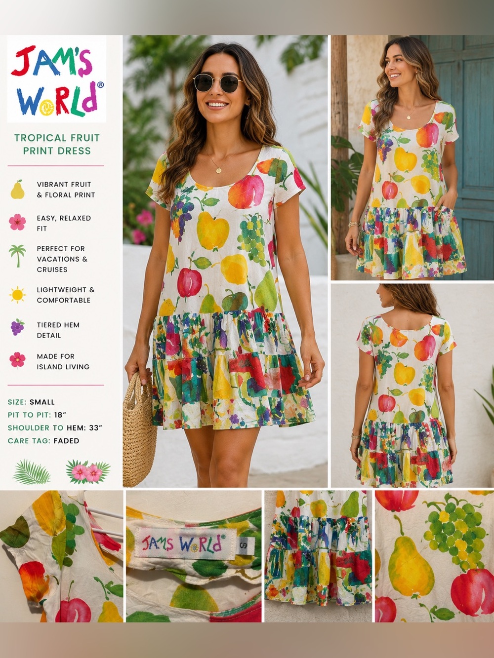 Jam's World Women's Small Fruit Print Hawaiian Dress Tropical Novelty Shift
